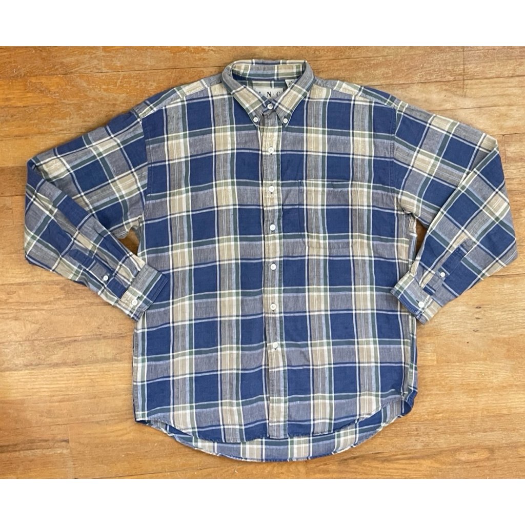 Vintage Mens Plaid Shirt Size Medium 1990s Linen & Cotton Collared Button Down